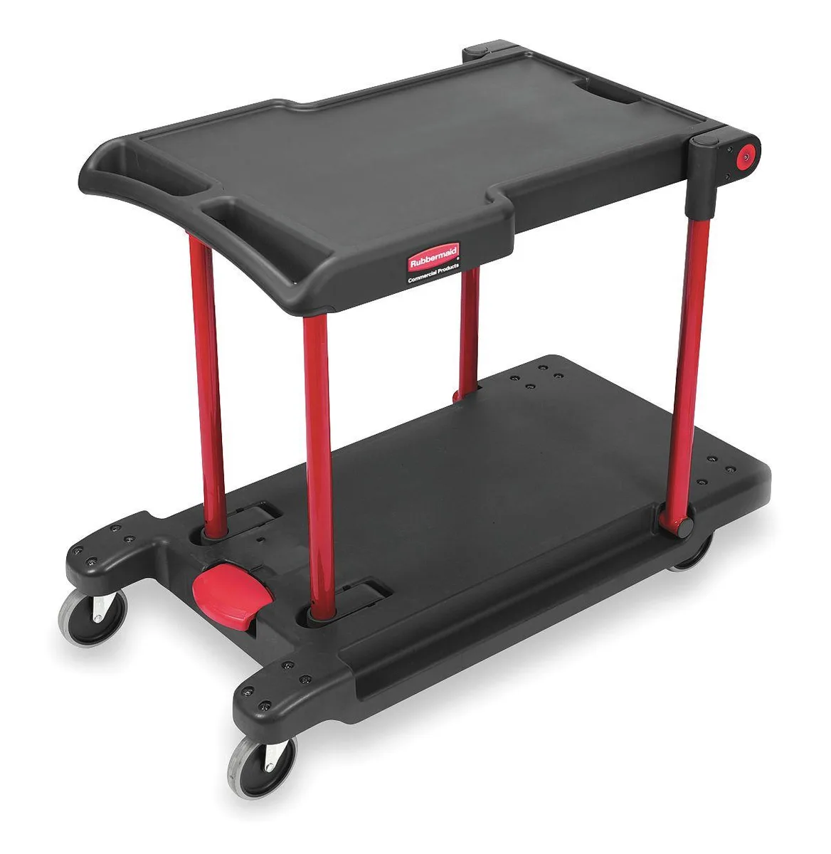 Black plastic utility cart with two flush shelves, four rubber wheels and a flat handle