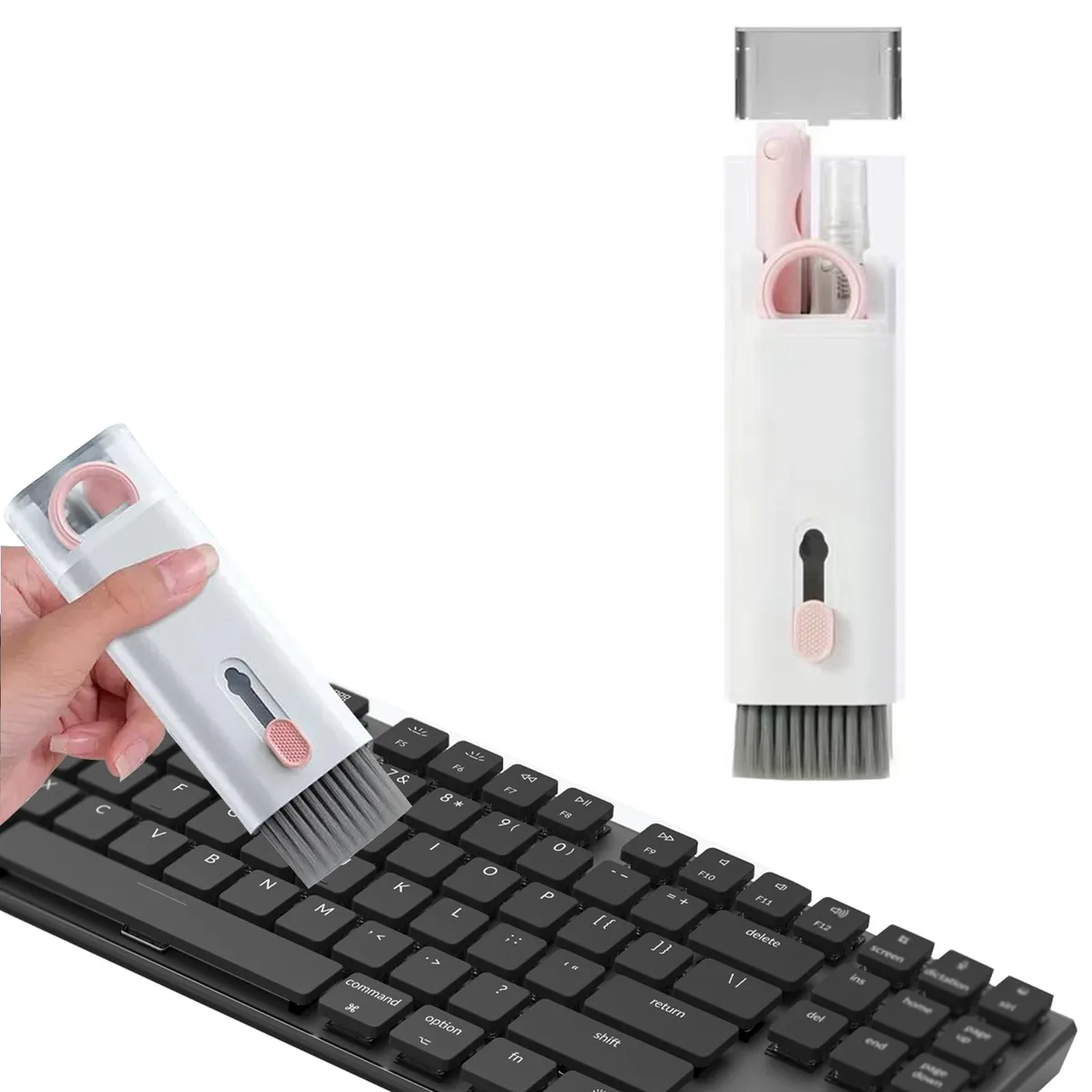Pink 7-in-1 electronics cleaning kit with brushes, keycap puller, screen wiper and fluid in compact case