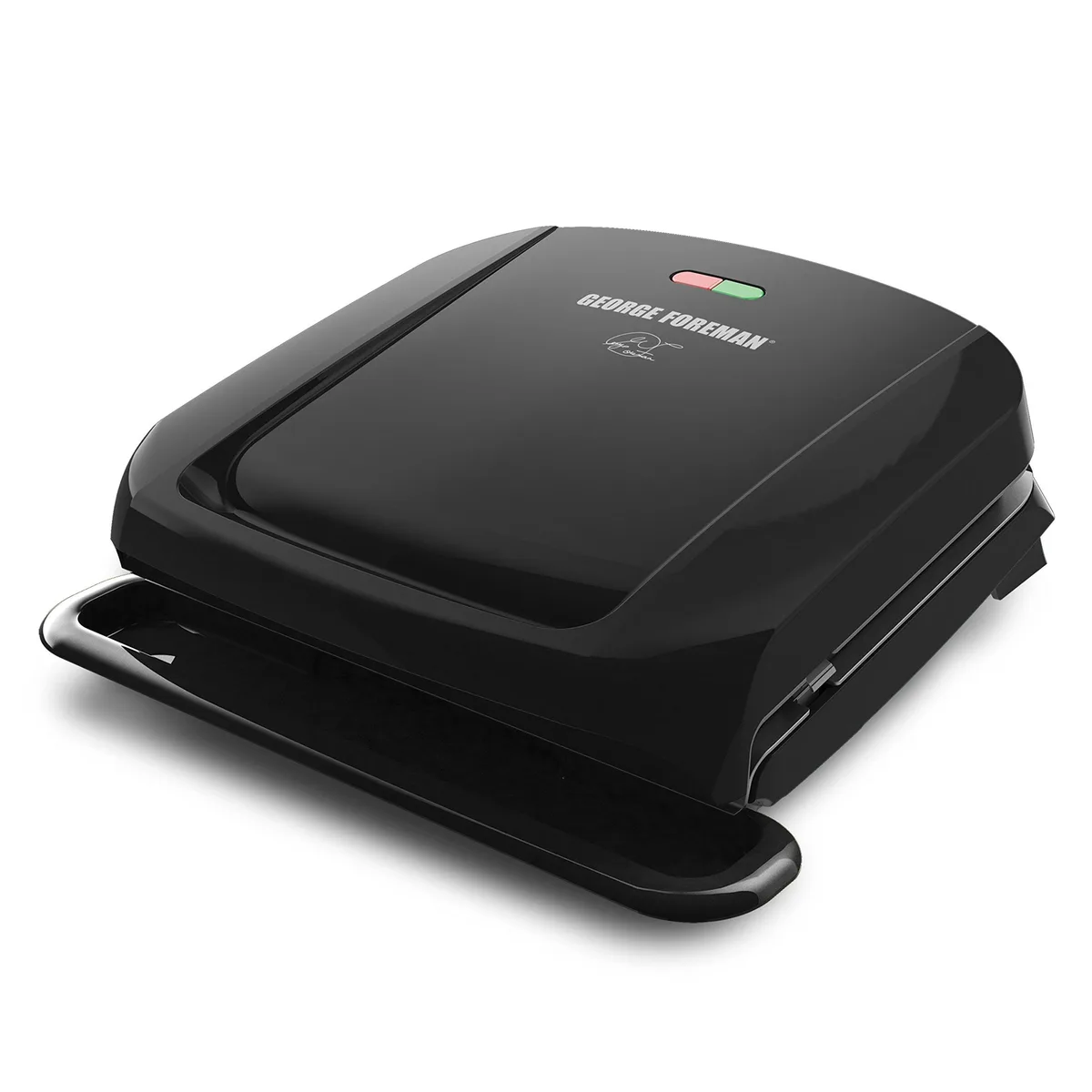 Black rectangular electric grill press with removable ridged plates and drip tray