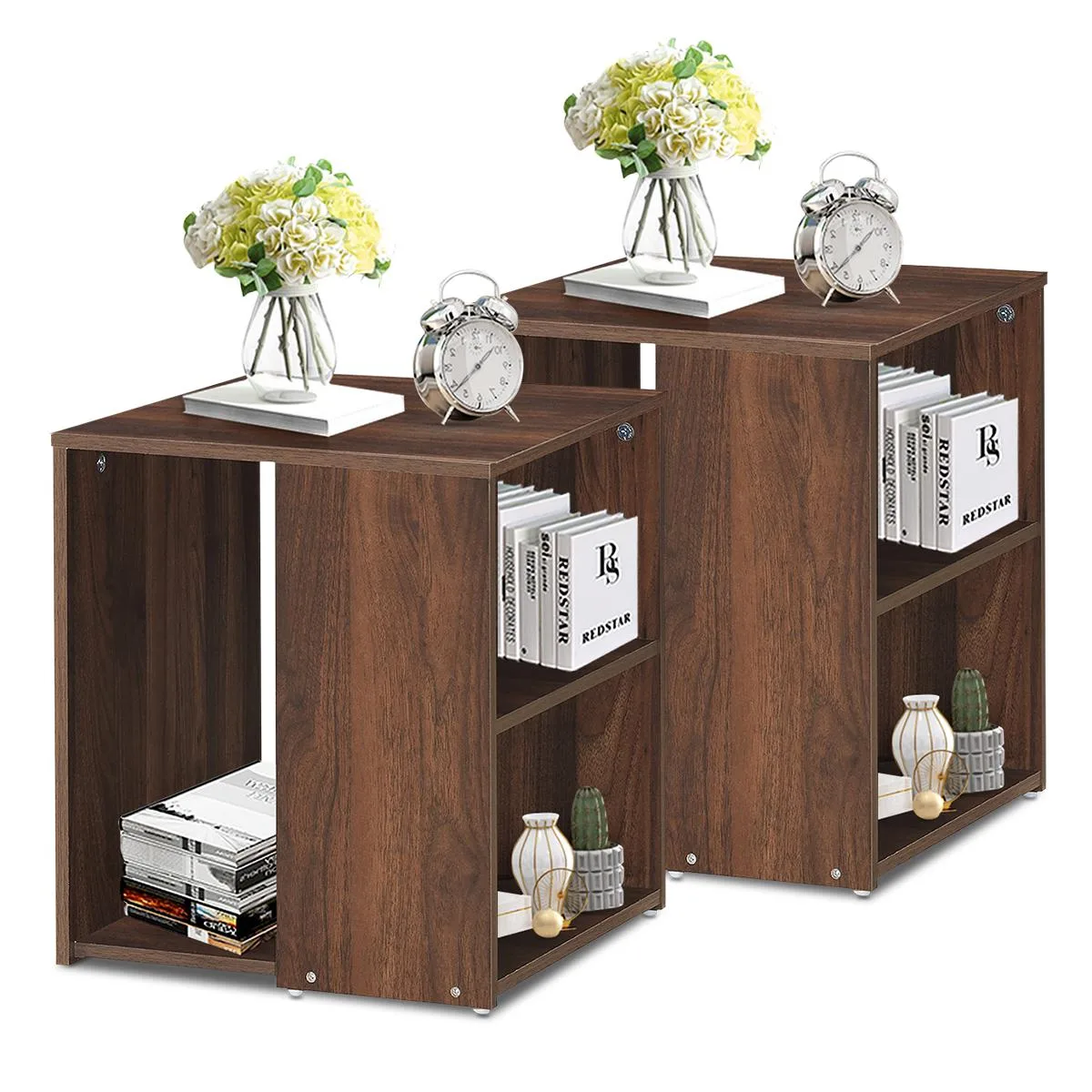 Pair of brown three-tier open-shelf end tables with engineered wood finish