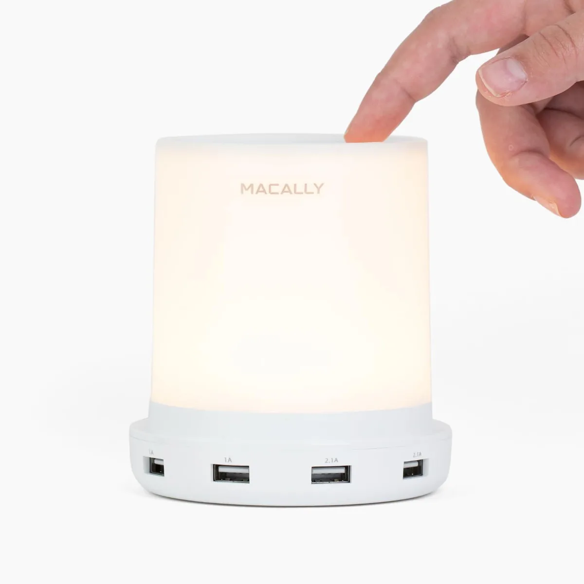 Small polished cylinder table lamp with wooden shade and four USB ports, 4.6 inches high