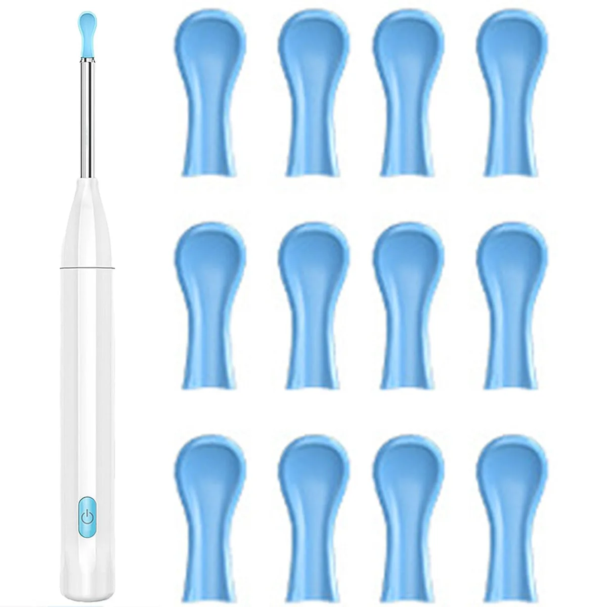 Blue silicone ear-cleaning tips in three arc shapes with storage bottles