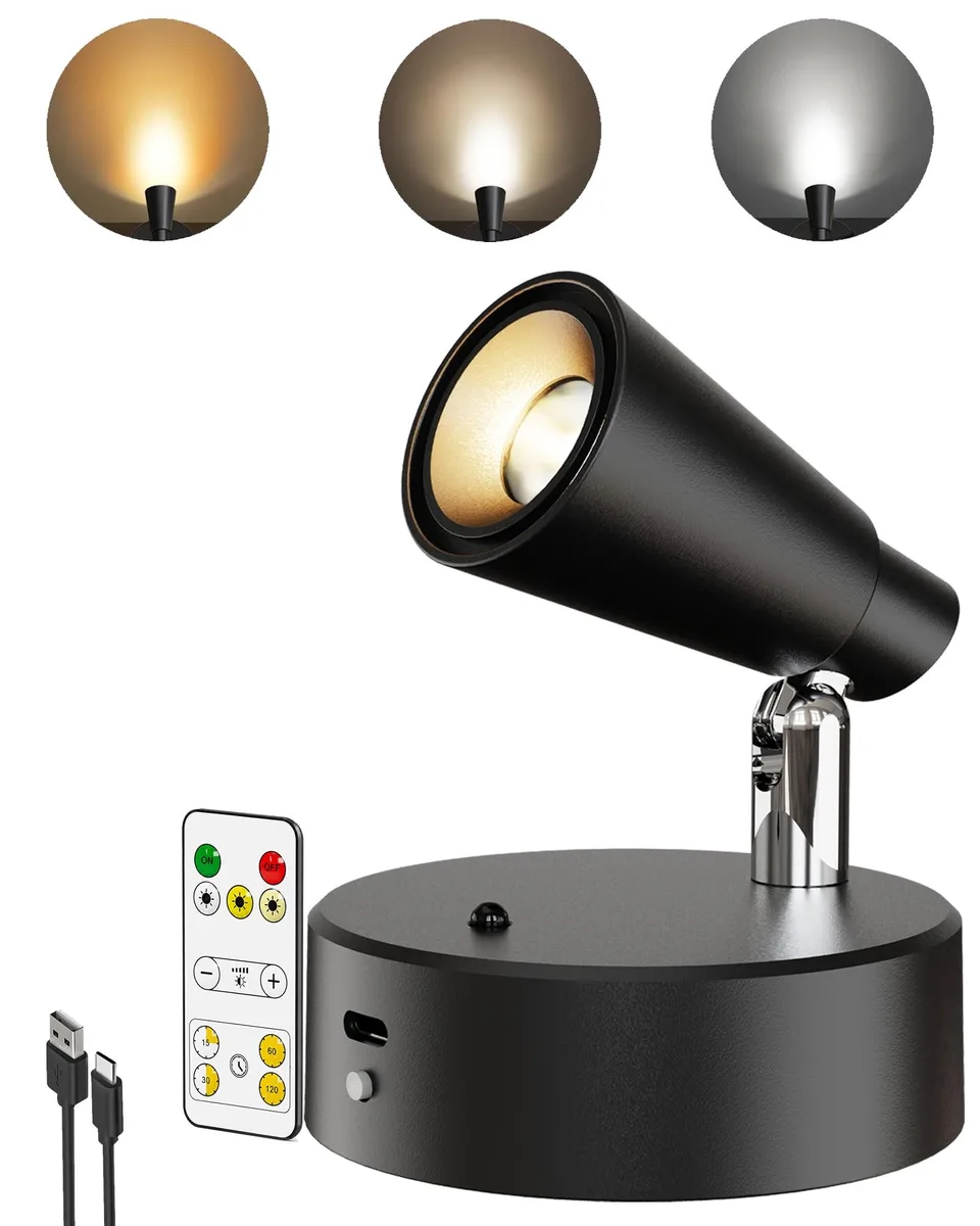 White cordless LED spotlight with magnetic base and clear prismatic lens, includes remote and charging cable