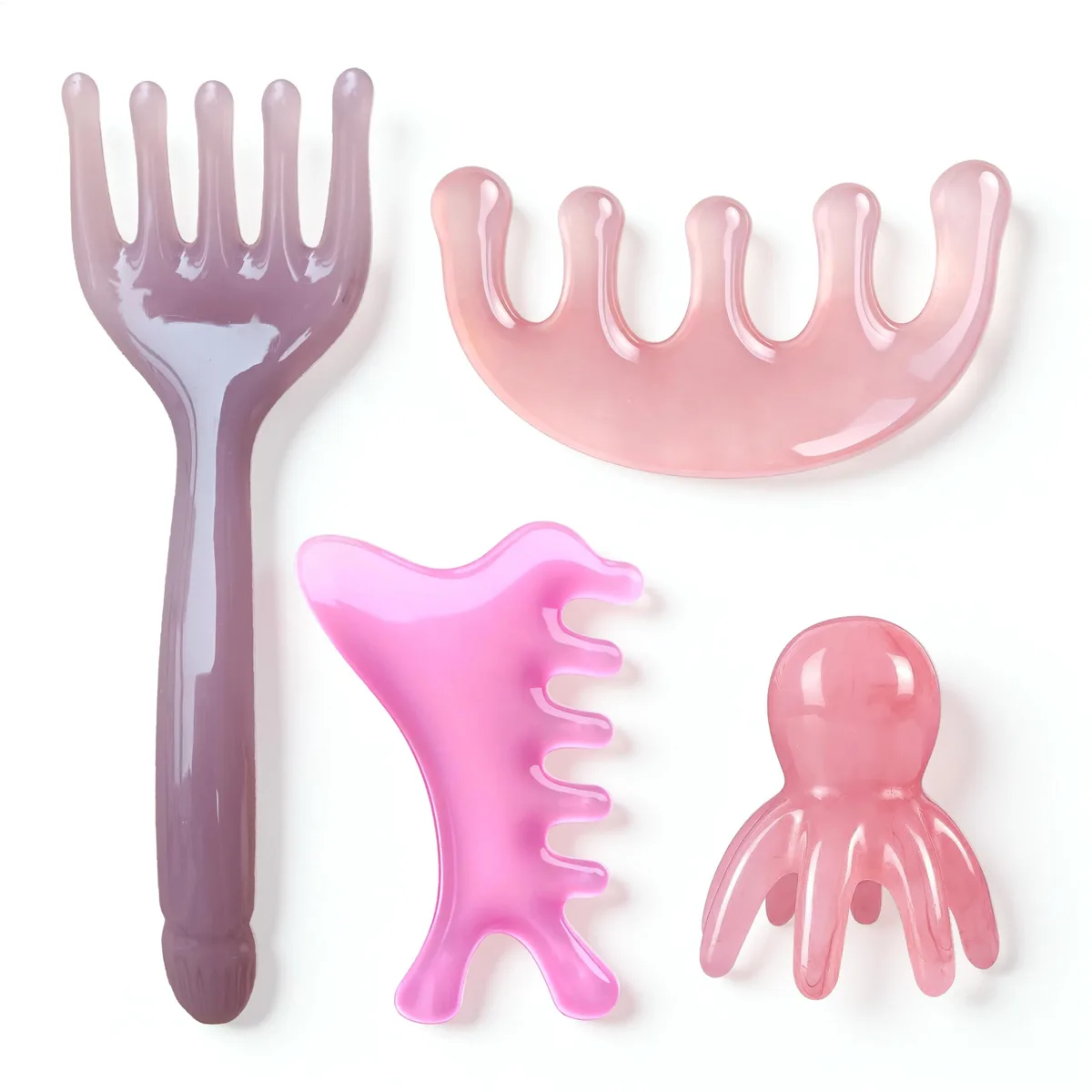 Four pink resin massage tools: comb, gua sha, octopus, five-claw