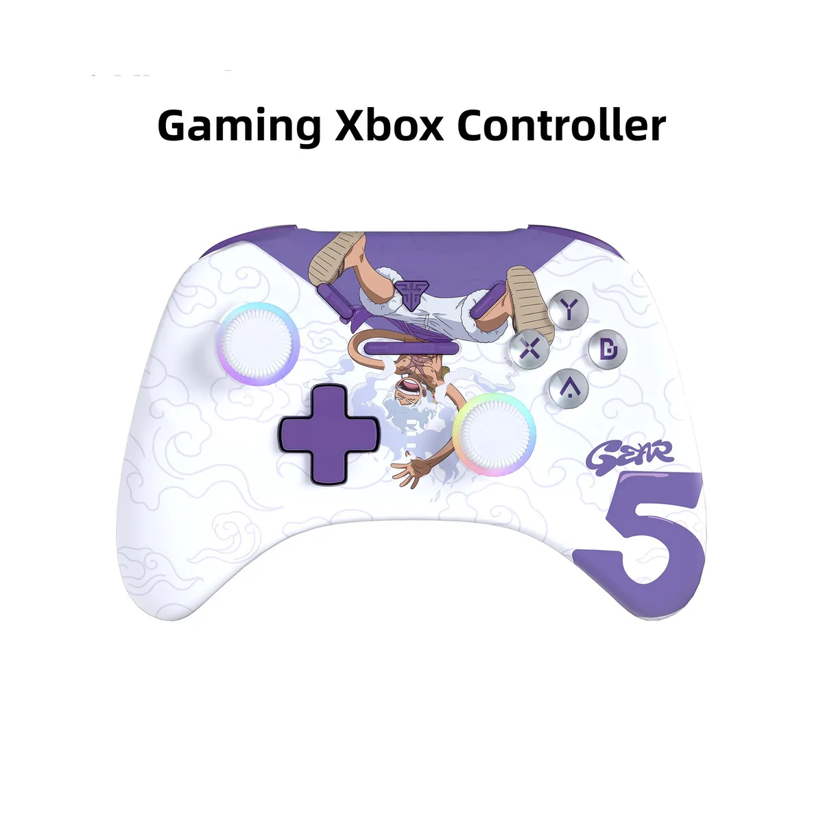 White wireless gamepad with One Piece graphics, Hall Effect sticks and triggers, rear paddles, USB-C cable and 2.4 GHz dongle