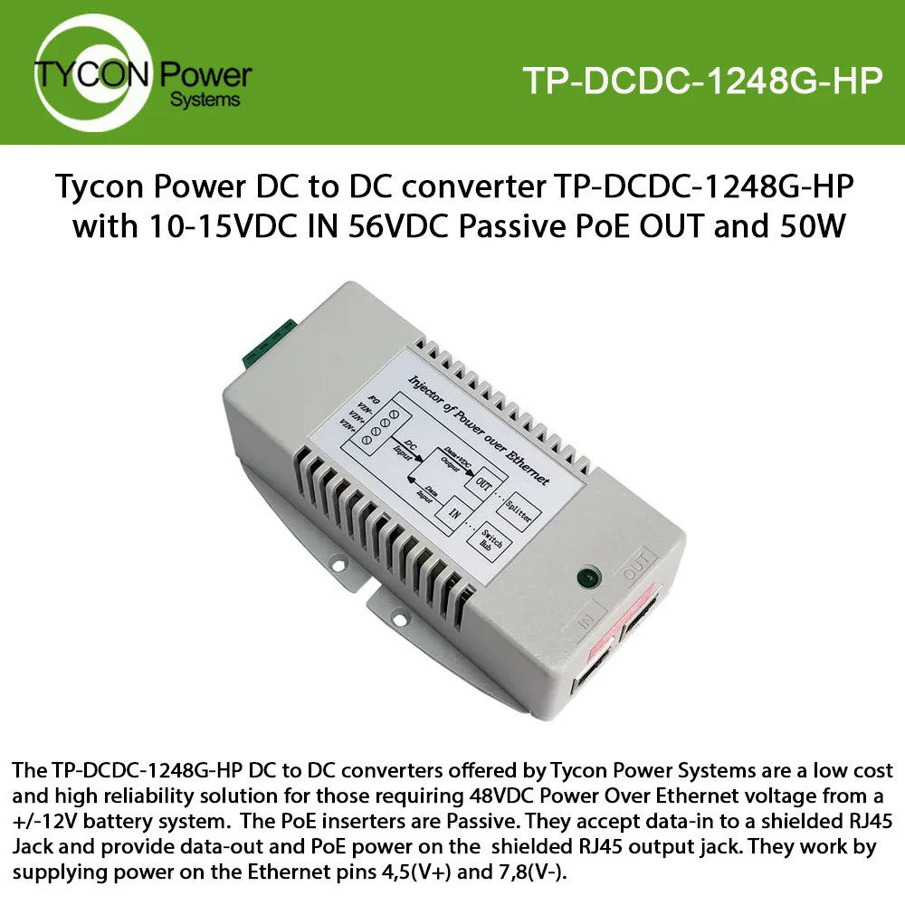 Tycon Power Systems Tycon Power Systems TP-DCDC-1248G-HP 10-15VDC to 56V Passive PoE 50W — product photo