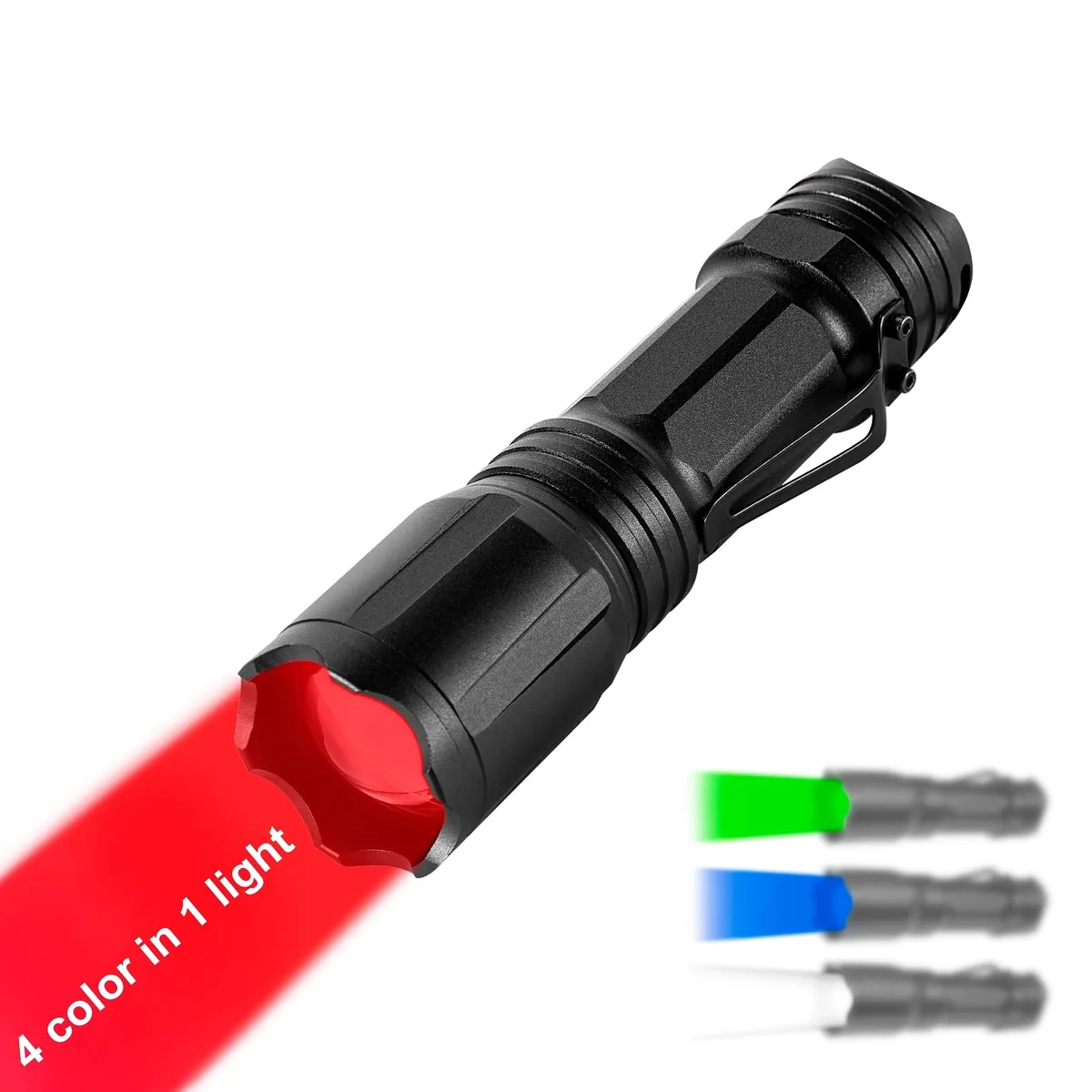 Black cylindrical flashlight, 158mm long, 35mm diameter, 166g, zoomable lens, belt clip