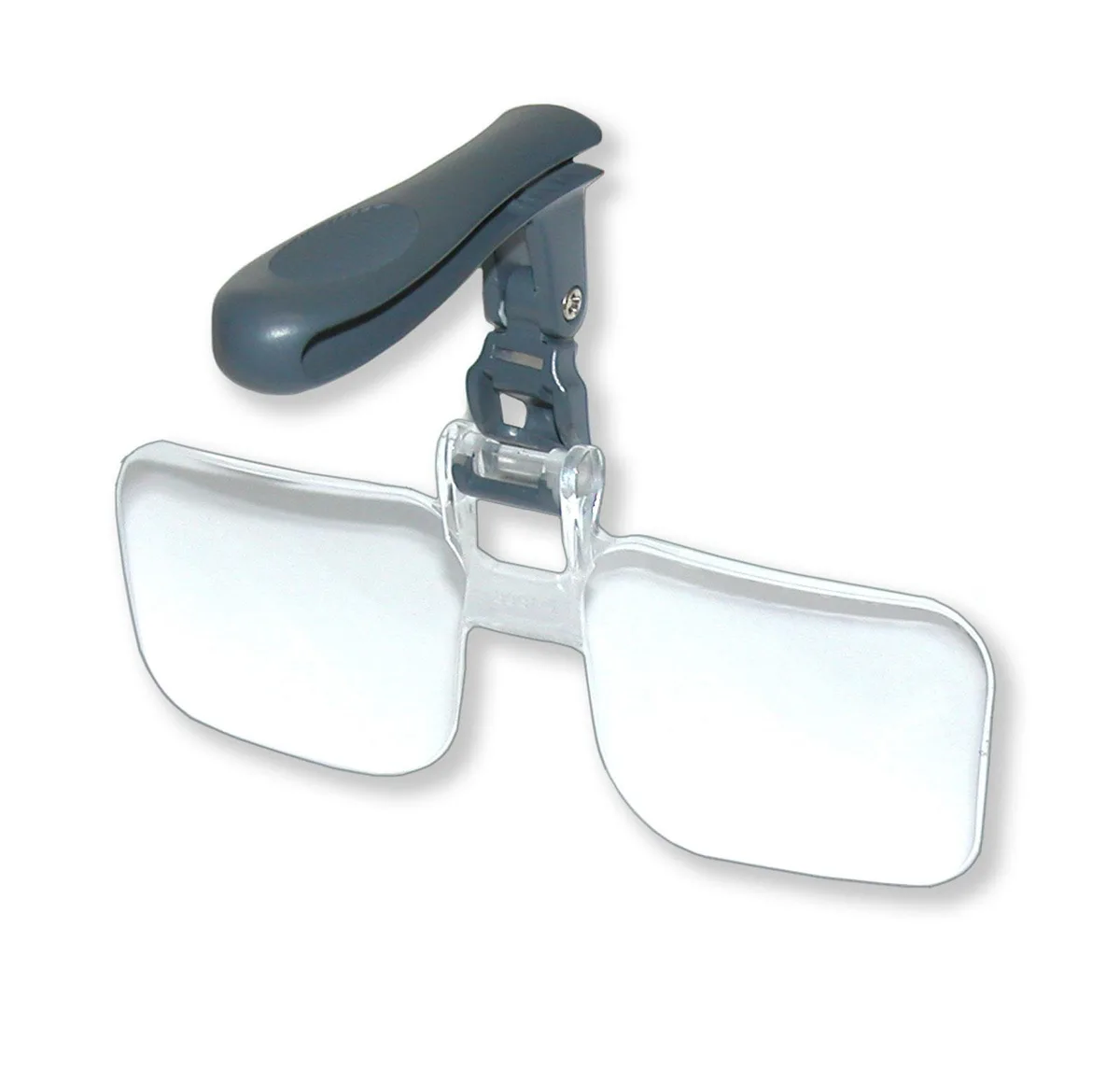 Clip-on flip-up magnifiers on a cap brim, acrylic lenses, soft pouch included