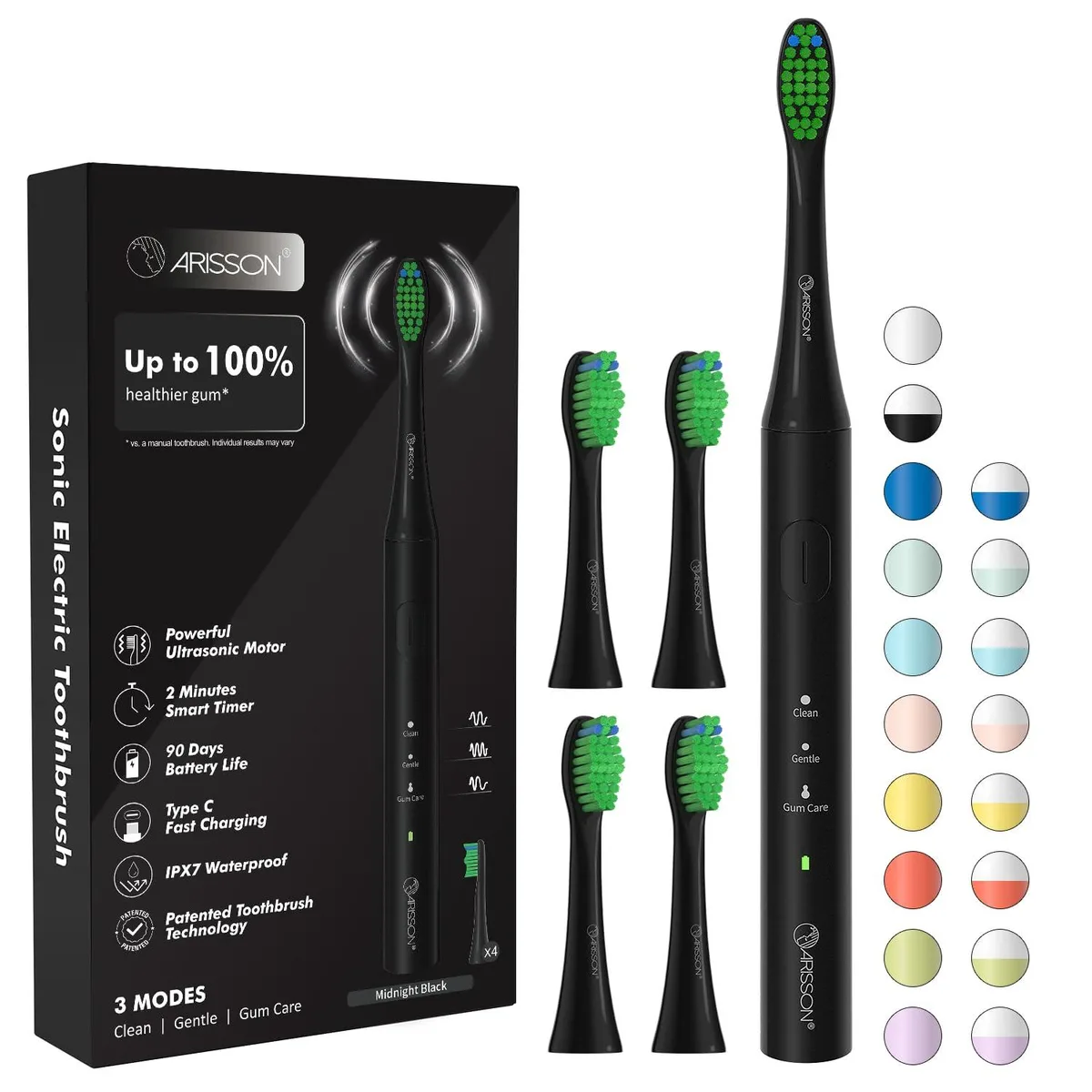 Black sonic electric toothbrush with compact handle, travel case and wall holder