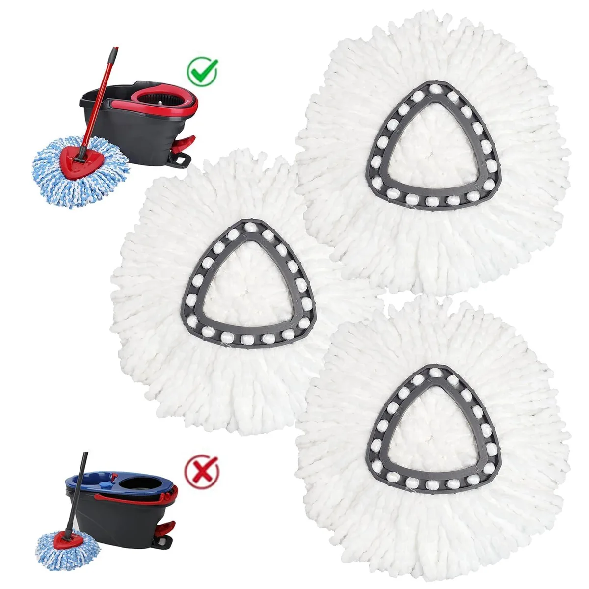 Three white microfiber mop heads in rectangular packaging