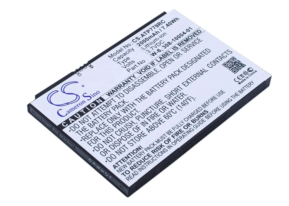 Rectangular black battery pack with label showing Cameron Sino branding and capacity details