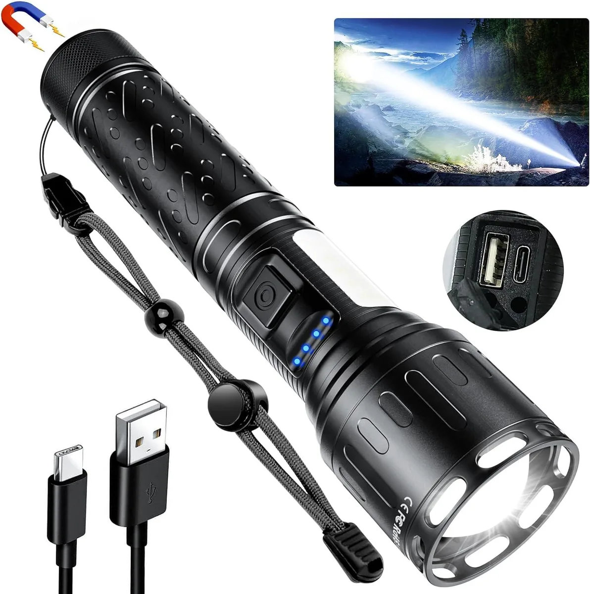 Black cylindrical tactical flashlight with magnetic base and USB-C port