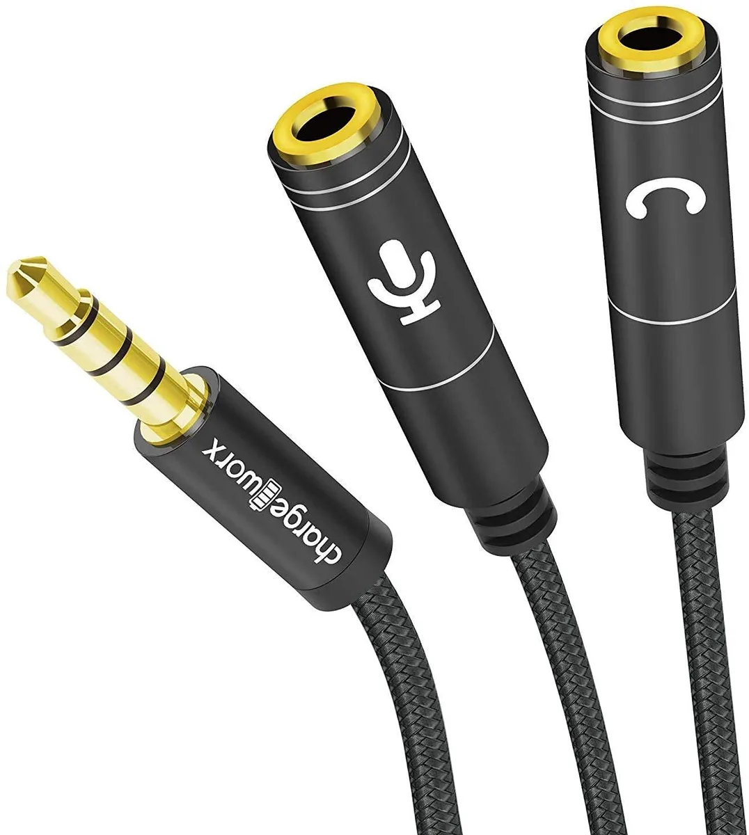 Black Y-splitter cable with gold 3.5mm plugs and braided jacket