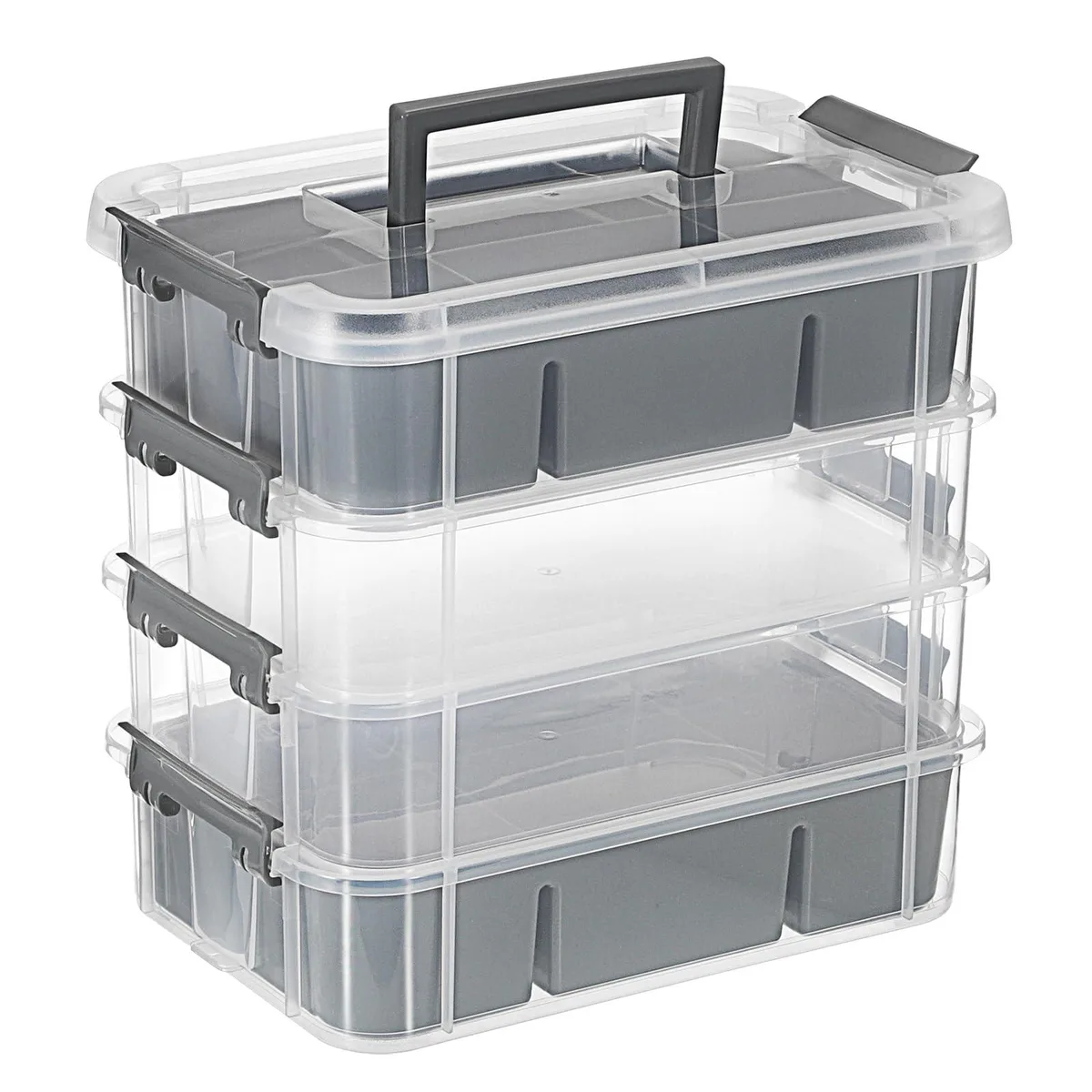Clear plastic four-tier stackable storage box with dark grey trays, carry handle and latching lid
