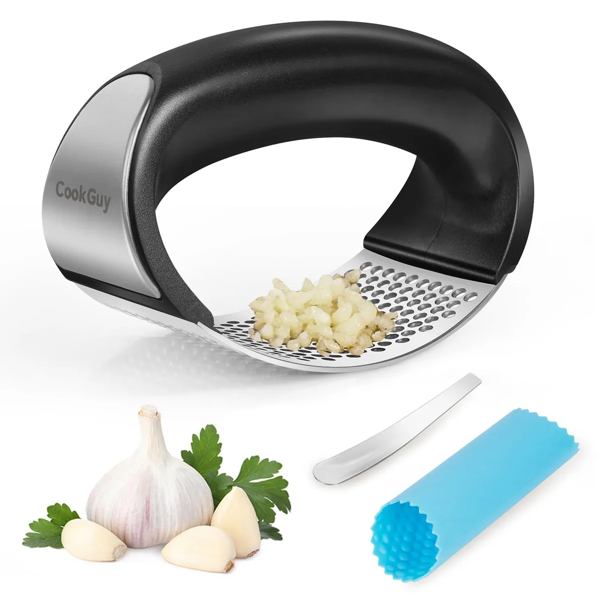 Stainless steel garlic press rocker with peeler and scraper