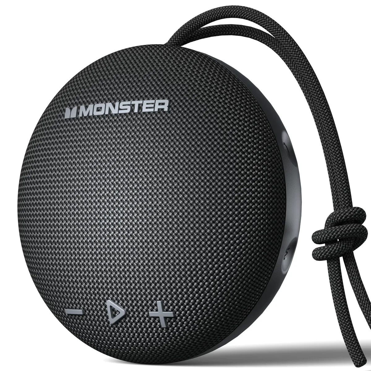 Compact black cylindrical speaker with lanyard, suction cup and carabiner hook