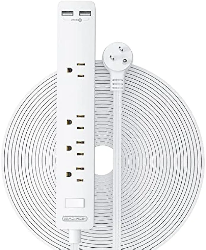Flat white 25 ft extension cord with four outlets and two USB ports