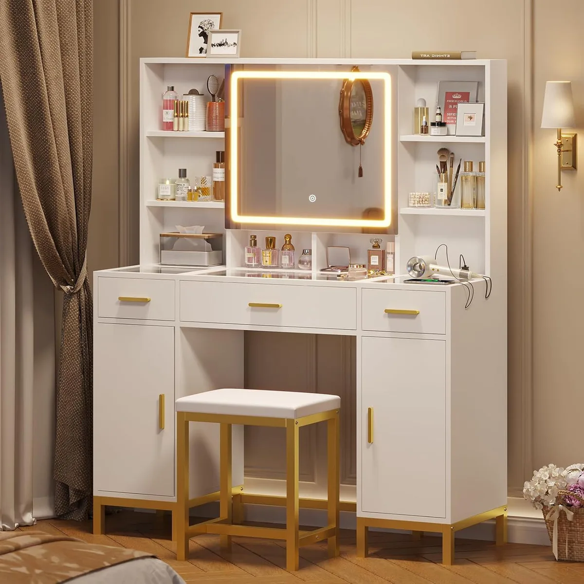 White vanity desk with openable LED mirror, glass top, three drawers, two cabinets, open shelves and hidden storage