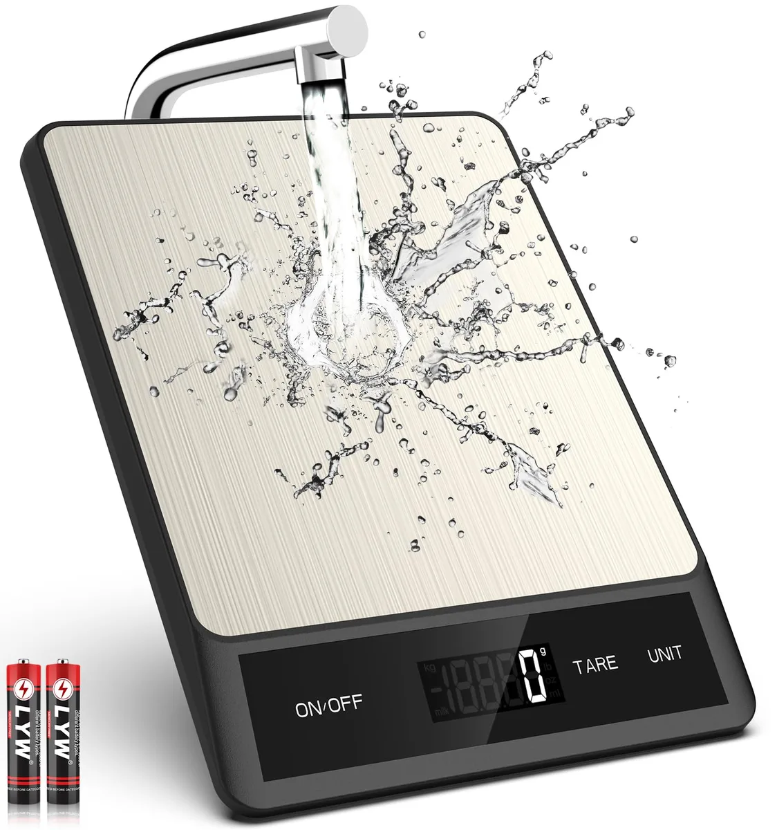 Twelve silver digital food scales with stainless steel platforms and backlit LCD displays