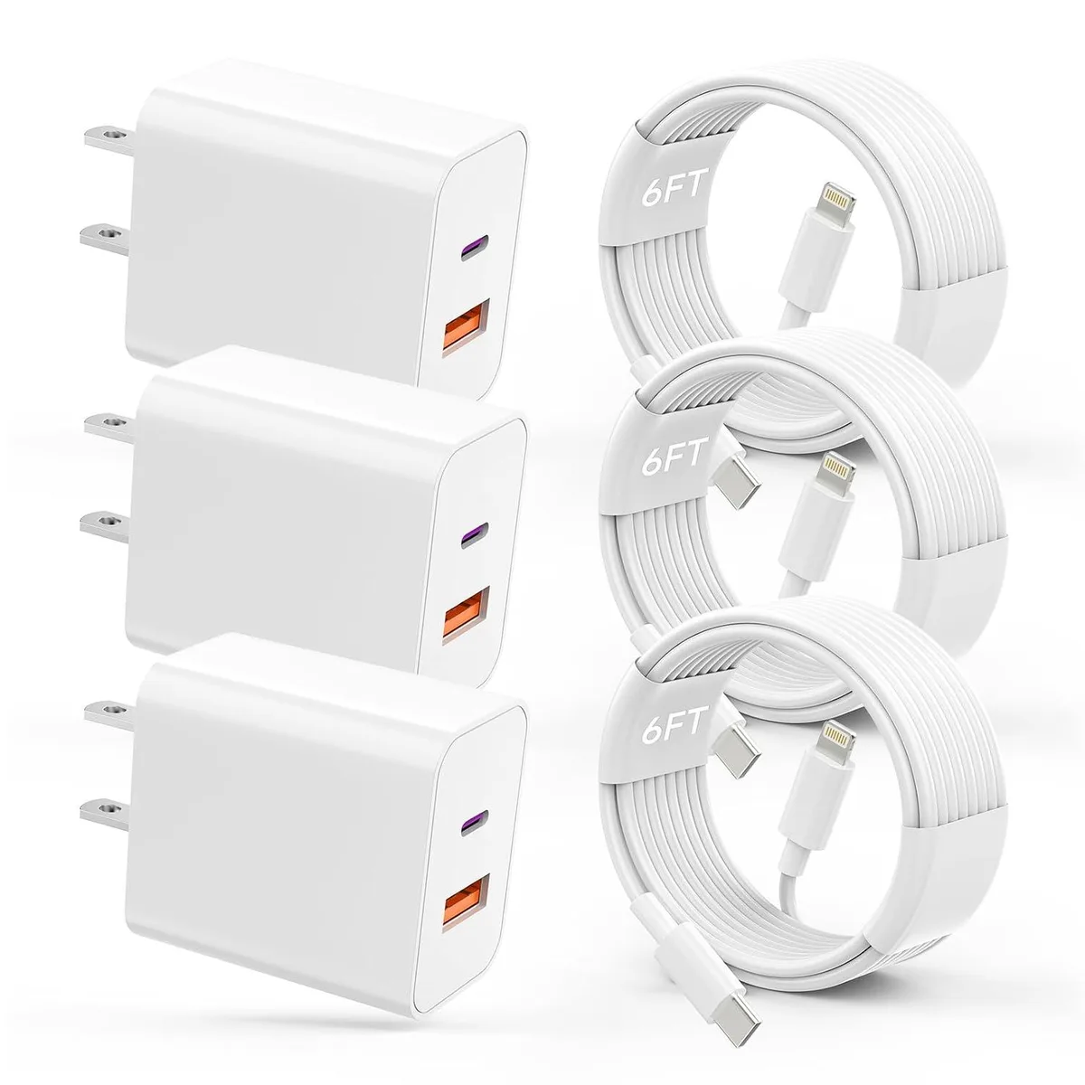 ONITOON ONITOON 20W Dual Port Wall Charger 3Pack with 6FT USB C to Lightning Cable — product photo