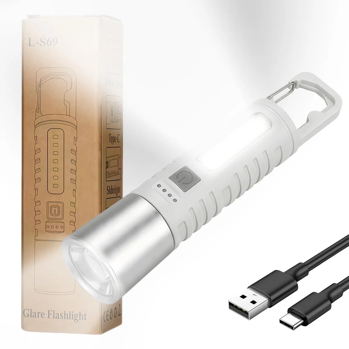 Small rectangular flashlight with matte finish and built-in hook