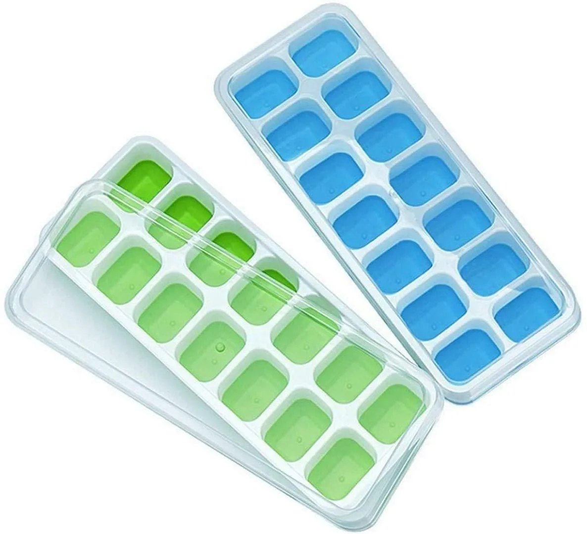 Two rectangular silicone ice cube trays with removable lids, each holding fourteen cubes