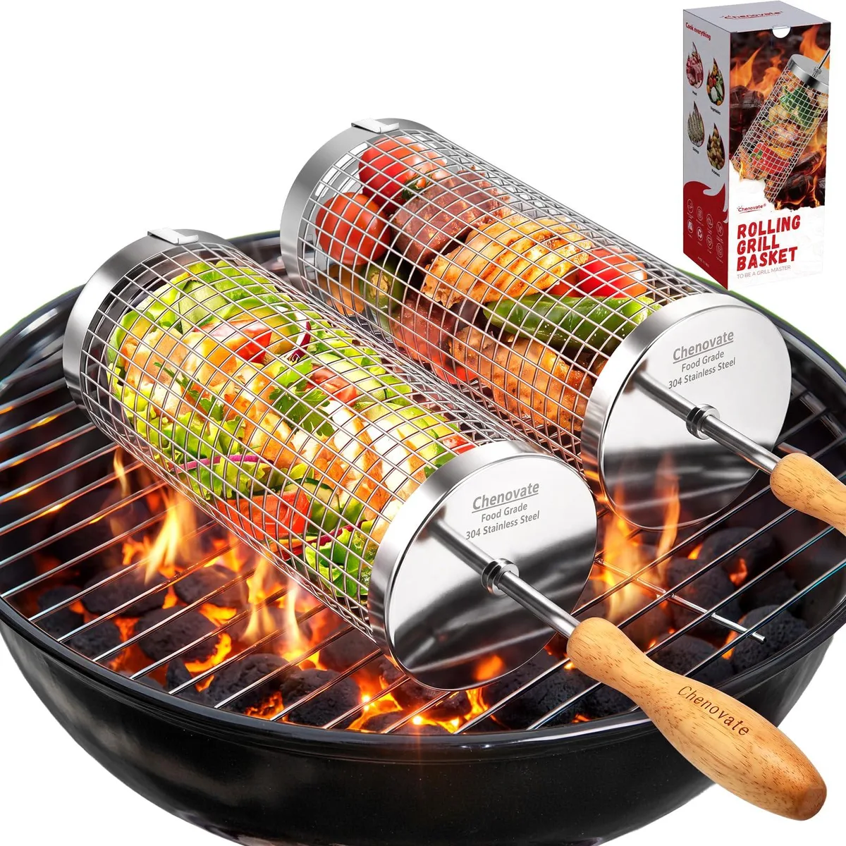  Healthy Living Rolling Grill Baskets 2 Pack 304 Stainless Steel Removable Wooden Handle — product photo