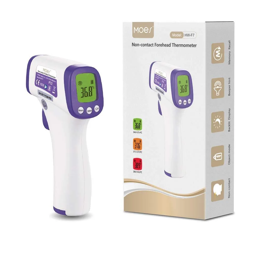 Green handheld infrared thermometer with backlit LCD display and fever indicator colours
