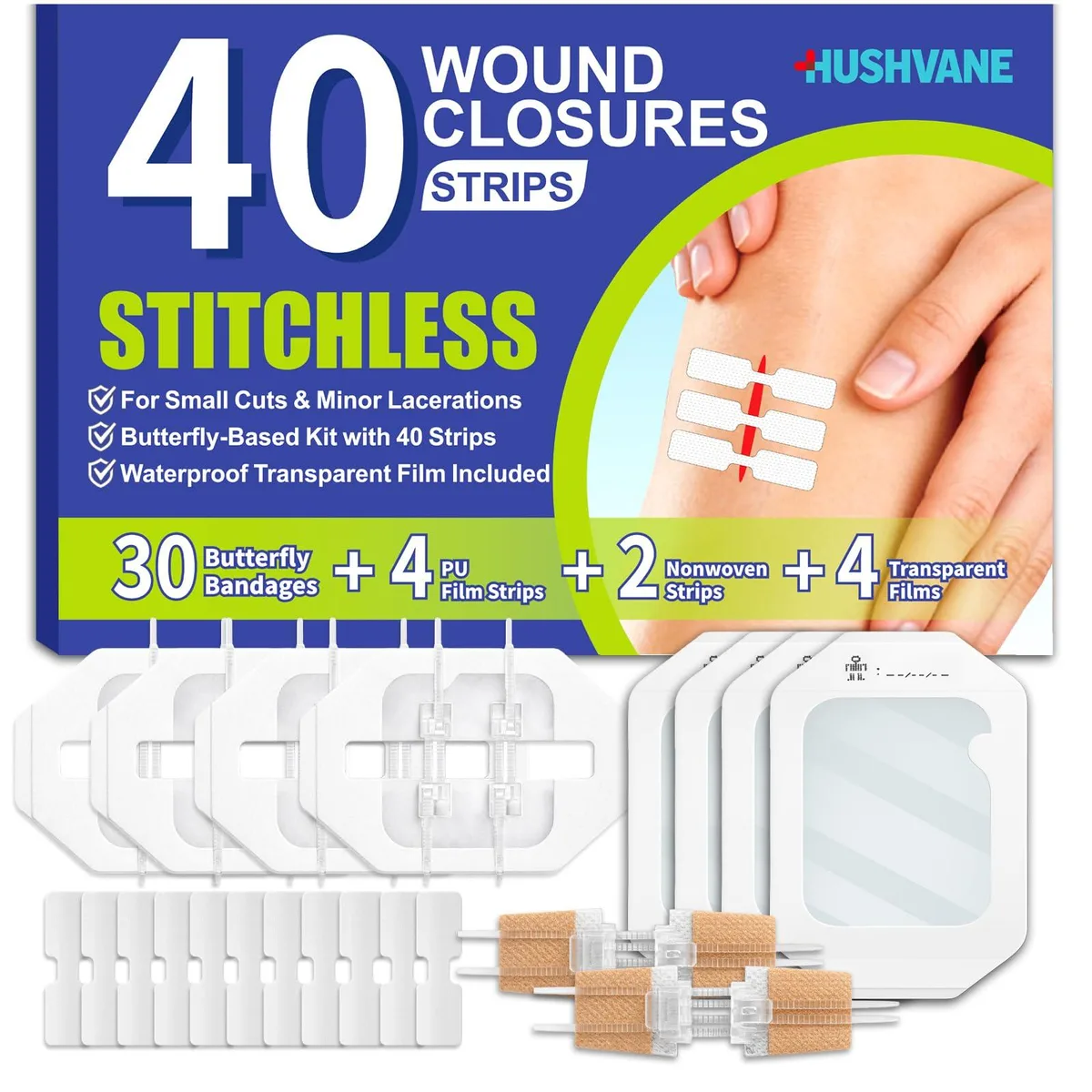  HUSHVANE Wound Closure Strips 40 Pack Butterfly Bandages — product photo