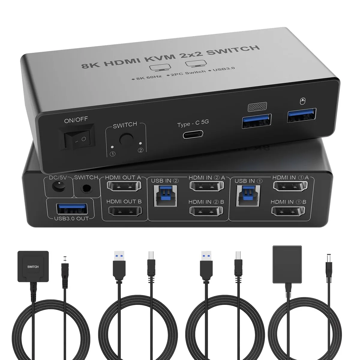 BUCIER BUCIER 8K@60Hz HDMI KVM Switch 2 Monitors 2 Computers Aluminum 4 USB 3.0 Ports — product photo