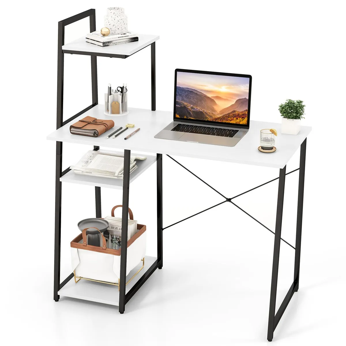 White compact desk with metal frame, four tier shelves and 39.5 by 20 cm desktop