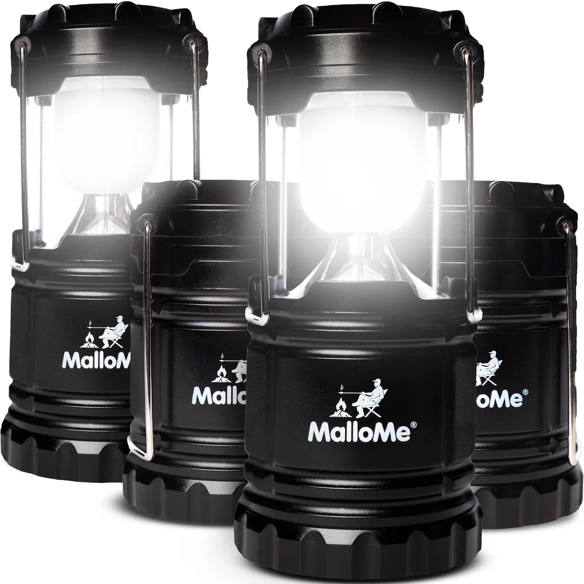 Four black collapsible LED lanterns with foldable hanging arms, compact when closed and expanded for 360° light