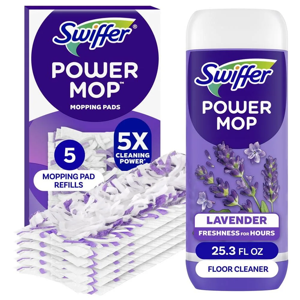 Cardboard box holding five white mop pads and a lavender solution bottle