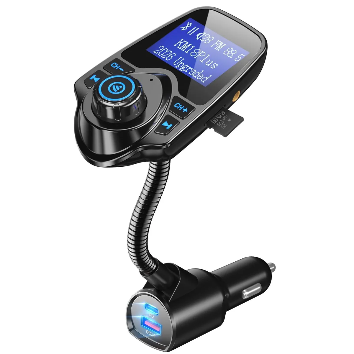 Compact car FM transmitter with 1.44" LCD screen, flexible gooseneck, dual USB charging ports, and matte black finish