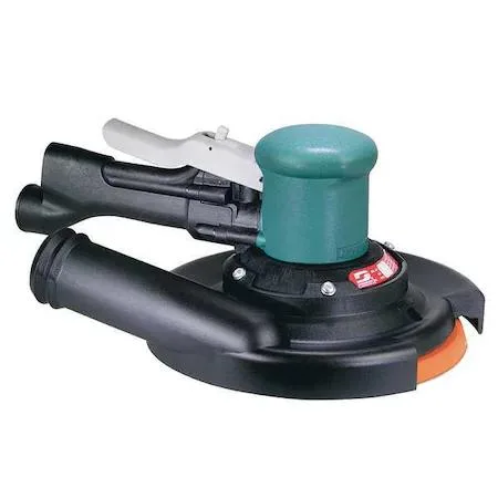 Dynabrade 58414 air orbital sander with extended grip, silver metal body, side exhaust, lever trigger, 12 1/2 in long
