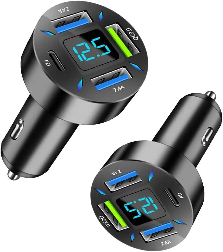 Leelbox Leelbox 2-Pack 4-Port USB Car Charger PD 3.1 QC 3.0 Voltmeter Black — product photo