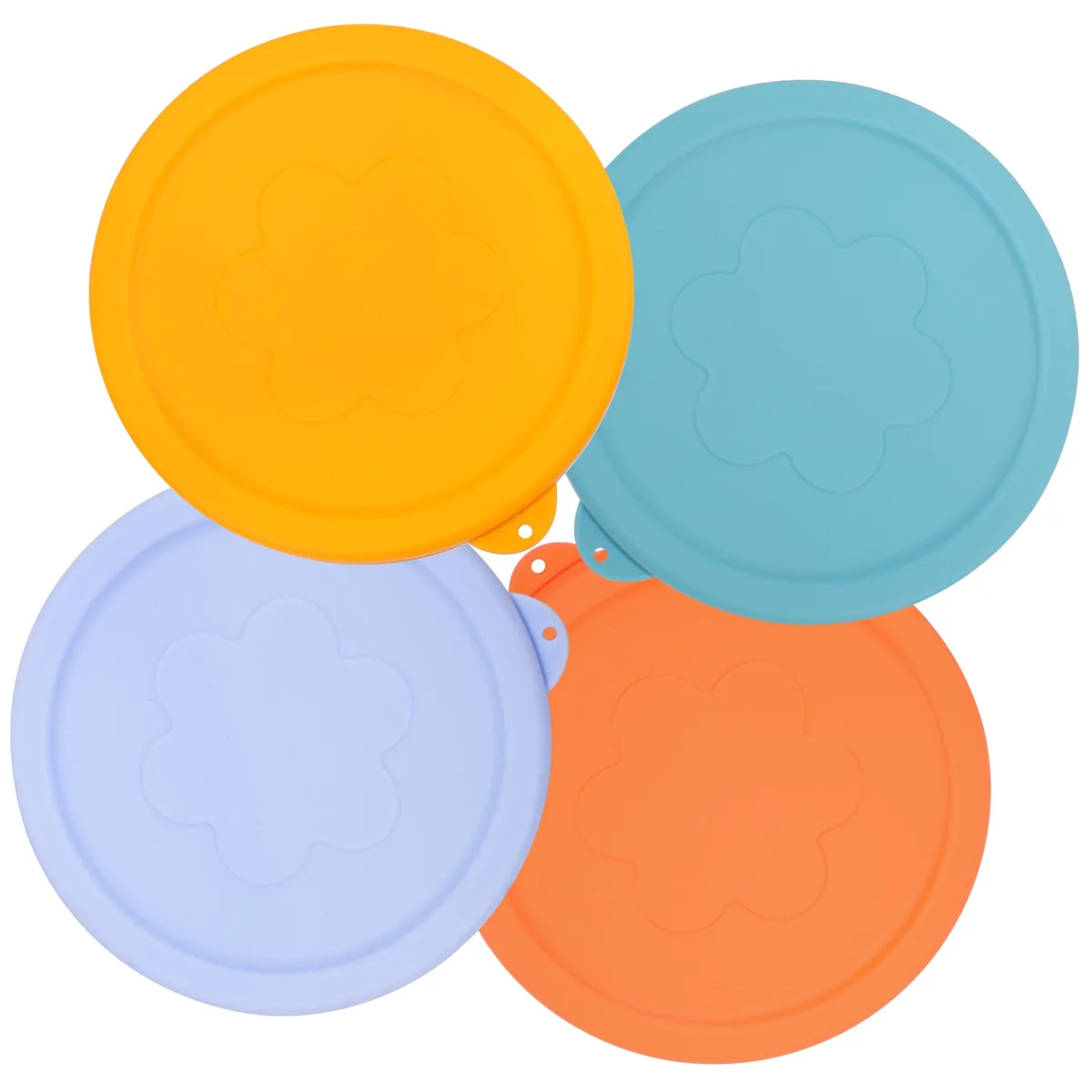 Four round silicone lids in assorted colours, matte finish, flexible material