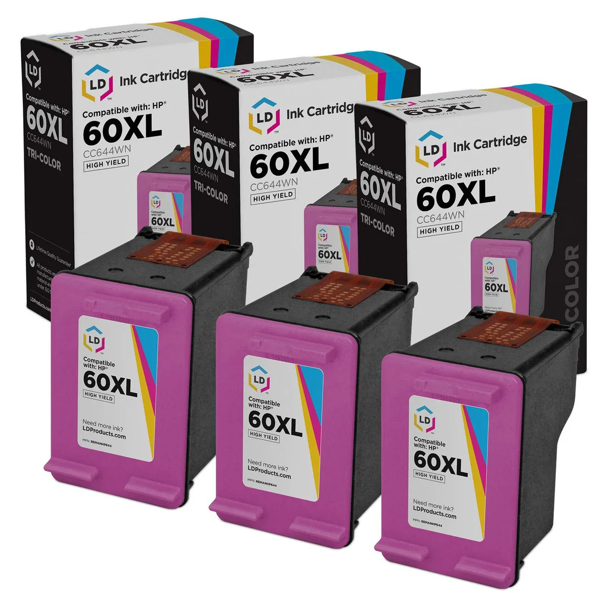 LD Products LD Products HP 60XL CC644WN Tri-Color Ink Cartridge 3 Pack — product photo
