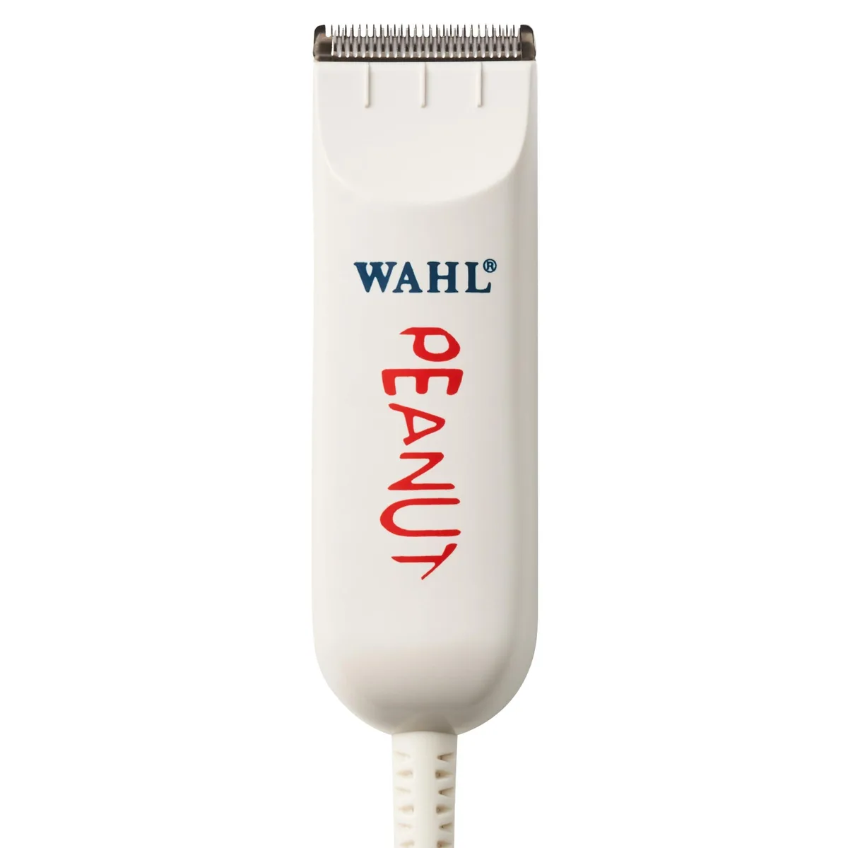 Compact white corded trimmer with detachable blade and four guide combs