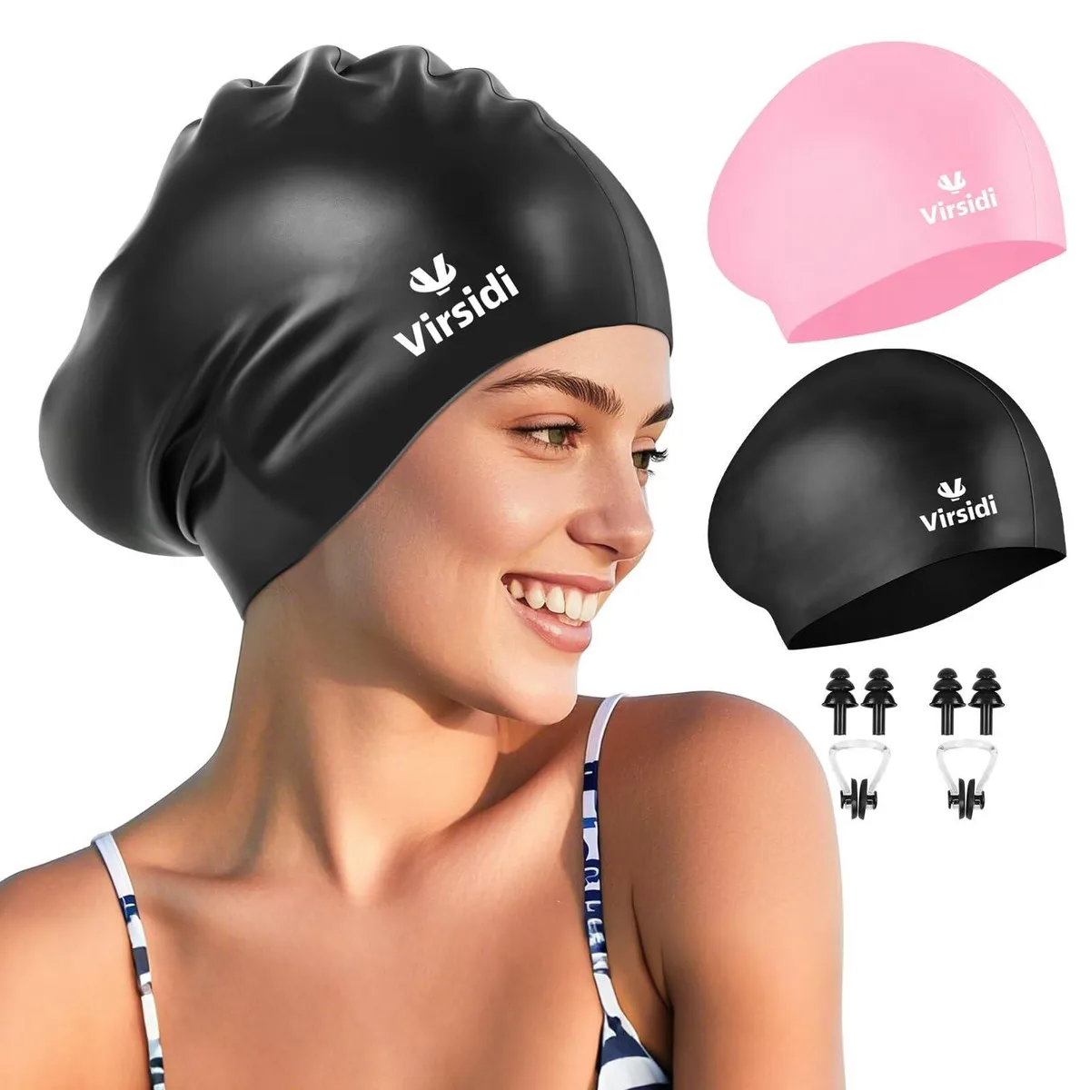 VIRSIDI La-01 Large Silicone Swim Cap 2 Pack Black/Pink — product photo