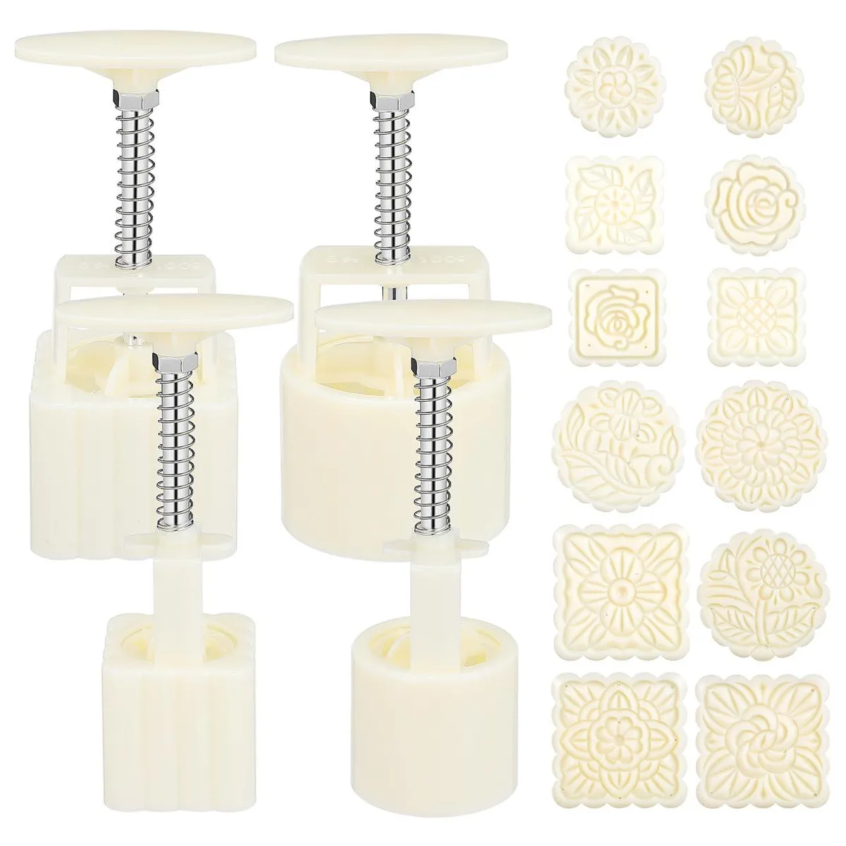White hand-press mooncake mold with 14 interchangeable flower stamps and stainless steel handle