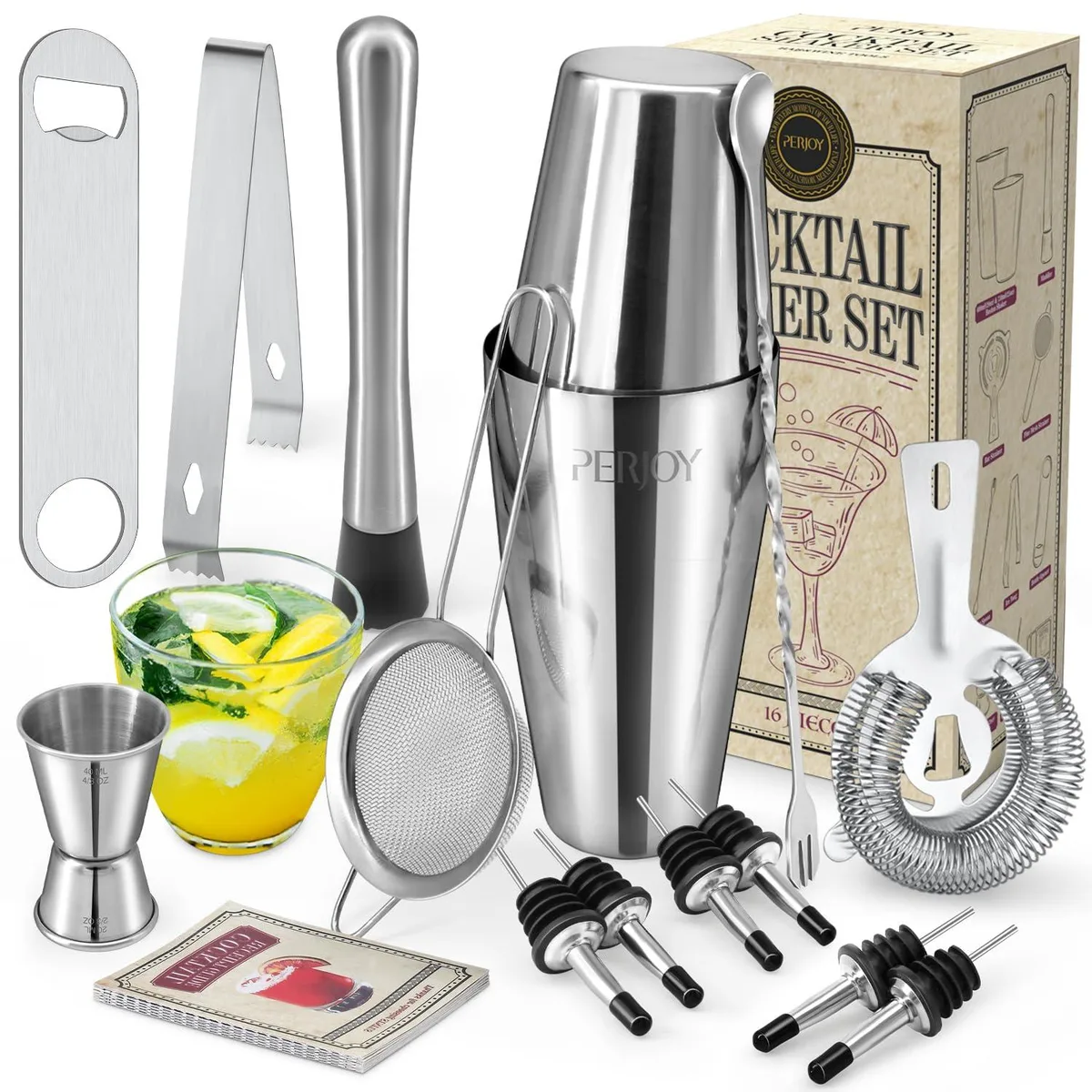 Stainless steel 16-piece bar tool kit with two Boston shakers, jigger, strainers, muddler, spoon, ice tong, pourers and bottle opener