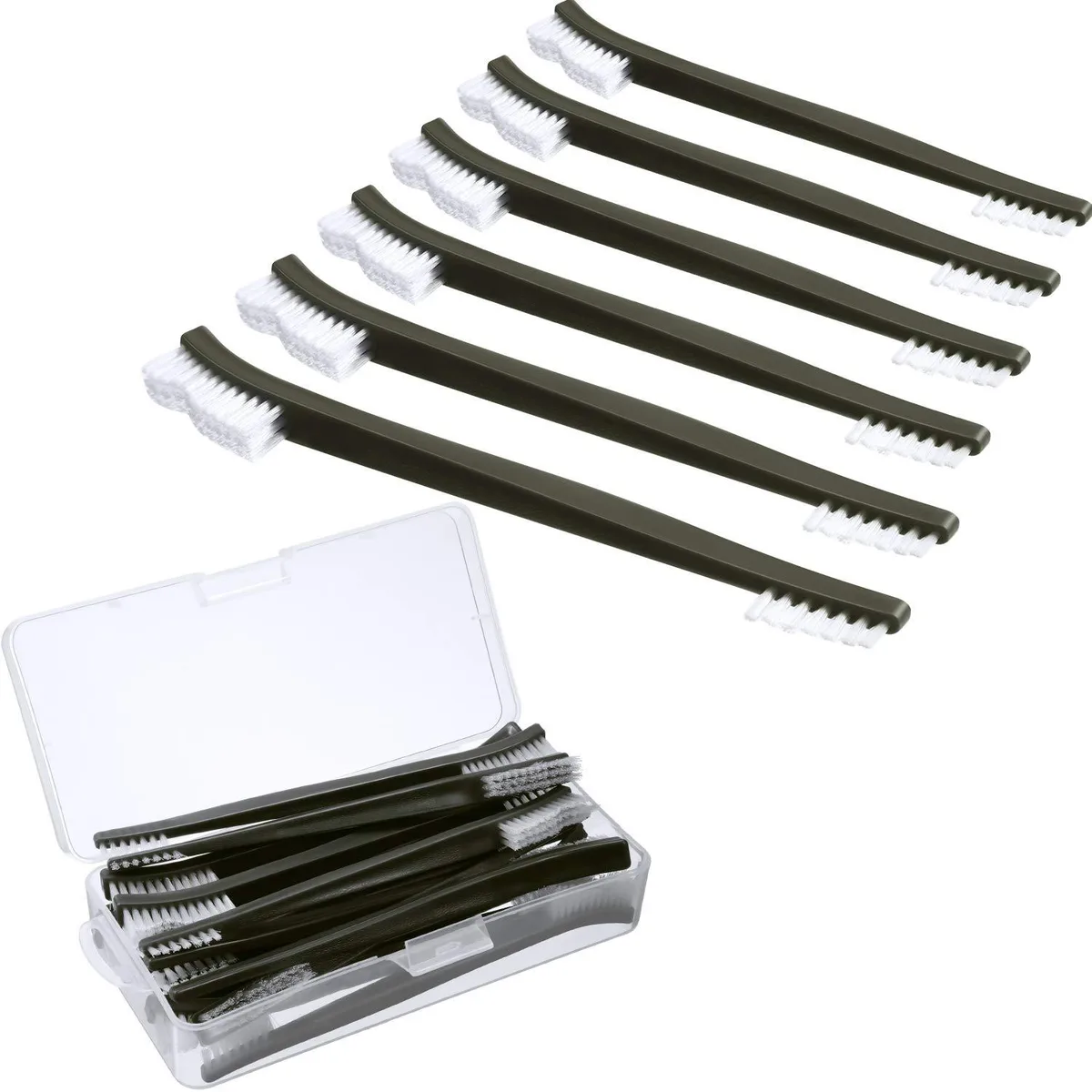 Twenty white double-ended nylon brushes with plastic handles laid out together