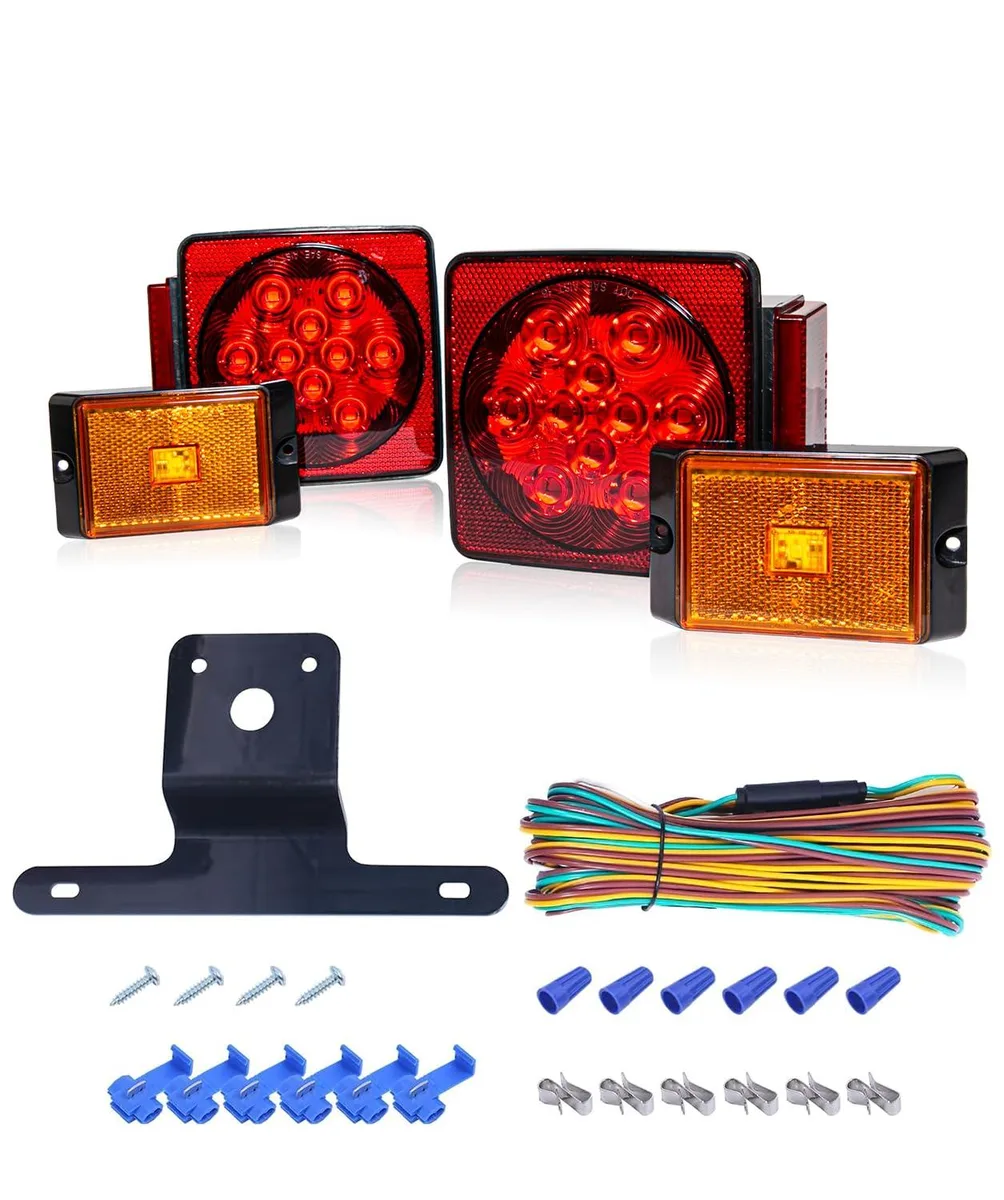 Red LED trailer light kit with two square tail lights, two amber clearance lights, wiring harness and bracket