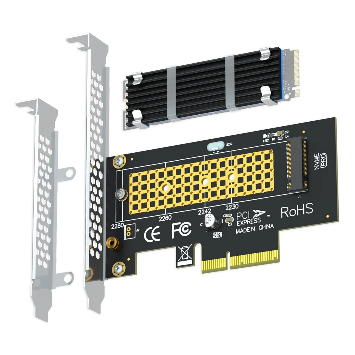 Black PCIe x4 adapter board with a 22x70x3mm heatsink for M.2 NVMe SSDs