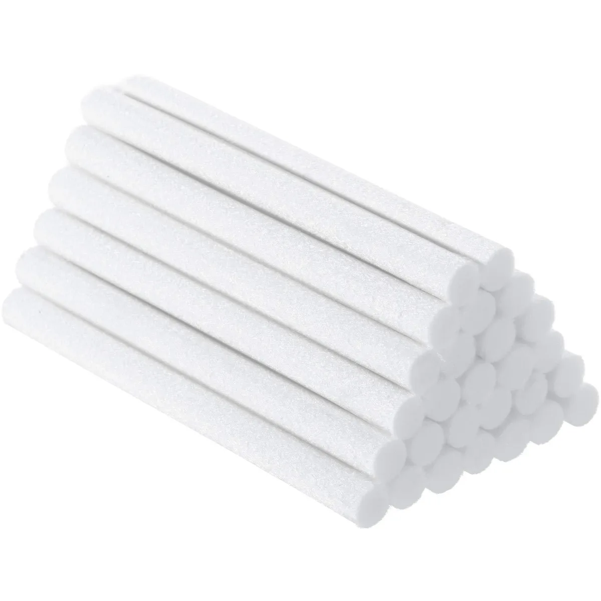 Forty white cylindrical filter sticks, each ten centimetres long and point three inches thick