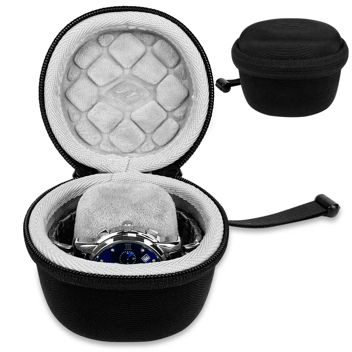 Black rectangular hard-shell watch case with textured nylon finish and rounded corners