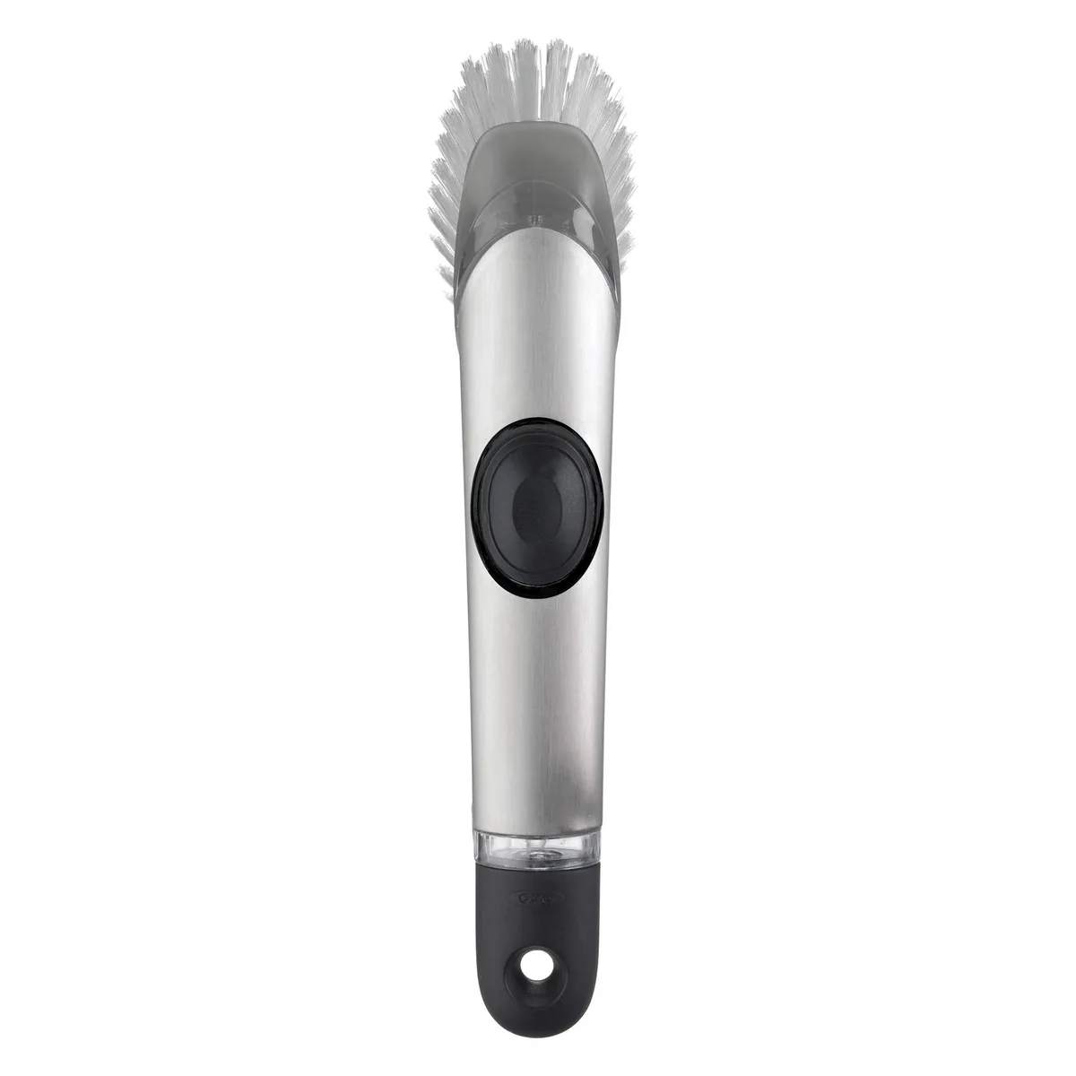 Stainless steel dish brush with built-in soap dispenser, soft grip handle, replaceable nylon head