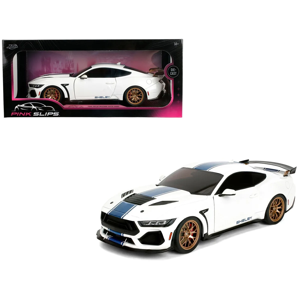 Jada Jada Ford Mustang Shelby Super Snake 1/18 White Metallic Blue Gold Wheels Pink Slips — product photo