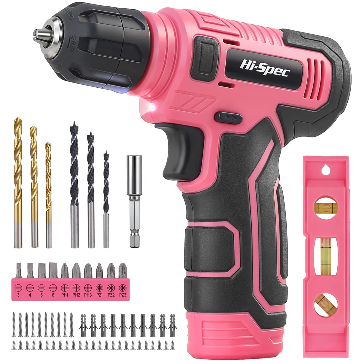 Pink 8V USB drill driver with 12-piece bit set and accessories in compact case